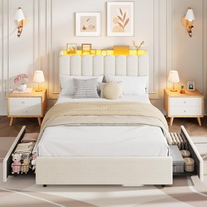 TackView Bed Frame with Storage Headboard,Boucle Upholstered Platform Bed with 2 Drawers, Chic Wavy Headboard with Bookcase, No Box Spring Needed - 1 of 4
