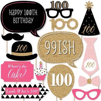 Big Dot of Happiness Chic 100th Birthday - Pink, Black and Gold - Birthday Party Photo Booth Props Kit - 20 Count