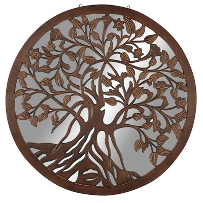 Wood Tree Mirrored Wall Decor Brown - Olivia & May: Carved Wooden Accent Mirror, Indoor Rustic Style Decor, Made in India