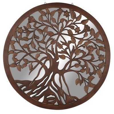 48" x 48" Large Round Wall Art Mirror with Wood Carved Tree Center - Olivia & May