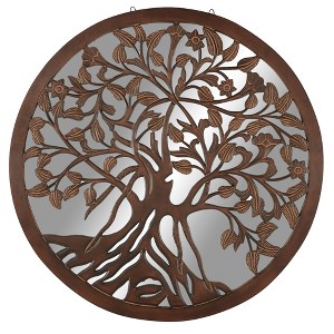 Wood Tree Mirrored Wall Decor Brown - Olivia & May: Carved Wooden Accent Mirror, Indoor Rustic Style Decor, Made in India - 1 of 4