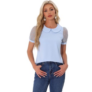 INSPIRE CHIC Women's Vintage Peter Pan Collar Puff Polka Dots Mesh Short Sleeve Blouse - 1 of 4