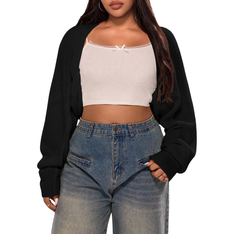 Plus Size Women's Open Front Cropped Knit Shrug, Long Sleeve Casual Lightweight Cardigan Black 3XL