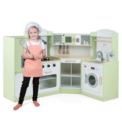 Costway Corner Play Kitchen Toddler Kitchen Playset with Range Hood, Ice Maker, Microwave White/Pink
