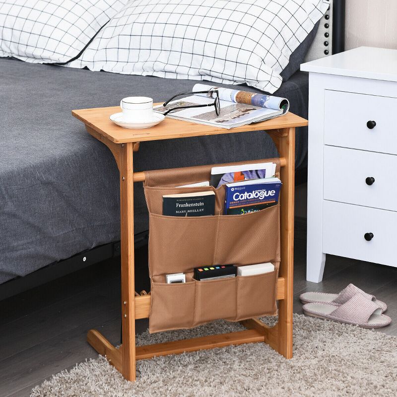 Costway Bamboo Sofa Table Laptop Desk Coffee Snack End Table Bedside Table W/Storage Bag, 3 of 11