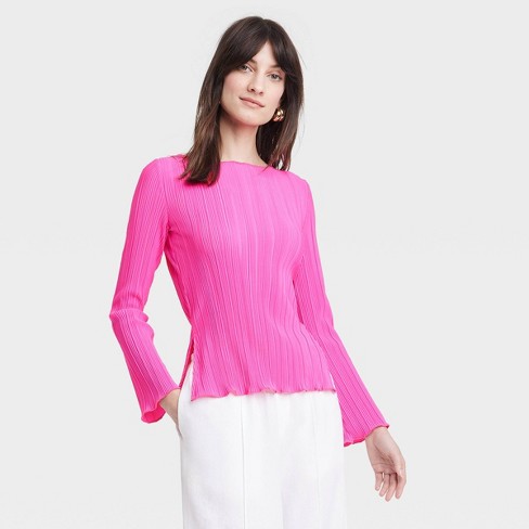 Women's Long Sleeve Plisse Top - A New Day™ Pink M : Target