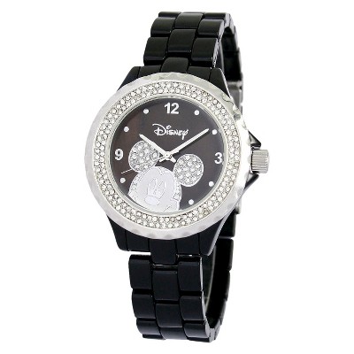 Disney Mickey Mouse Link Watch with Black Dial and Stones - Black