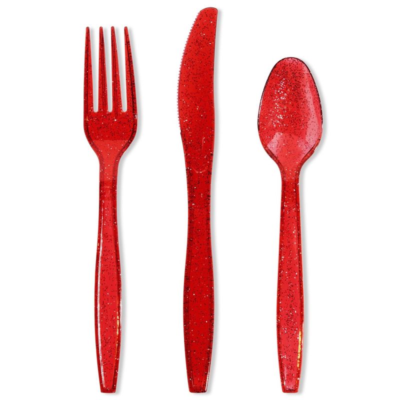 Juvale 144 Pieces Plastic Silverware Cutlery Utensils Set with Forks, Knives, Spoons for Birthday Party Supplies, Red Glitter, 1 of 7