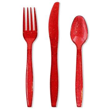 Juvale 144 Pieces Plastic Silverware Cutlery Utensils Set with Forks, Knives, Spoons for Birthday Party Supplies, Red Glitter