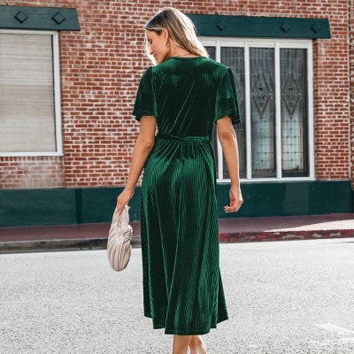 Women's Emerald Ribbed Velvet Belted Midi Fall Dress -cupshe-s-green :  Target