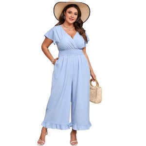 Women's Plus Size Wide Leg Floral Jumpsuits Casual Summer Short Sleeve Fashion Outfit Criss Cross Neck Smocked Waist - 1 of 4