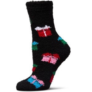 Memoi Women's Tree & Presents Mistle Toes Cozy Crew Socks Black One Size - 1 of 3