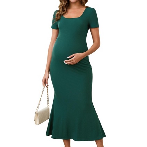 Женские платья INSPIRE CHIC Women's Square Neck Fishtail Hem Bodycon Fitted Ribbed Pregnant Maternity Dress Medium Green