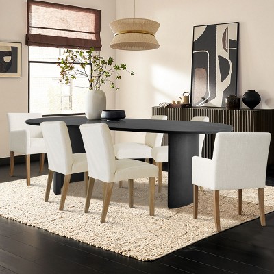 7-Piece Oval Dining Table Set, 79” Wood Pedestal Table with 4 Upholstered Armless Chairs & 2 Armchairs, Modern Dining Room Furniture-Maison Boucle
