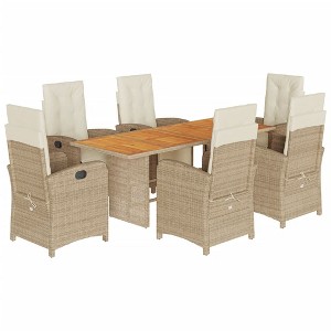 vidaXL Beige Poly Rattan 7-Piece Patio Dining Set with Adjustable Recliners, Acacia Tabletop, and Washable Cushions - Contemporary Outdoor Furniture - 1 of 4