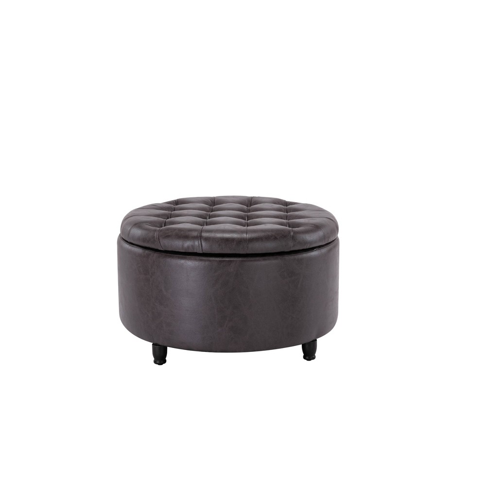 Photos - Pouffe / Bench Large Round Tufted Storage Ottoman with Lift Off Lid Distressed Black Faux