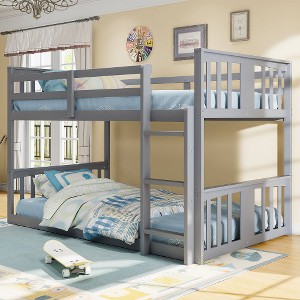 Zevemomo Low Twin Over Twin Bunk Bed, Solid Pine Wood Frame with Built-in Ladder, Converts to 2 Twin Beds, Space-Saving Floor Bed for Bedroom,Gray - 1 of 4