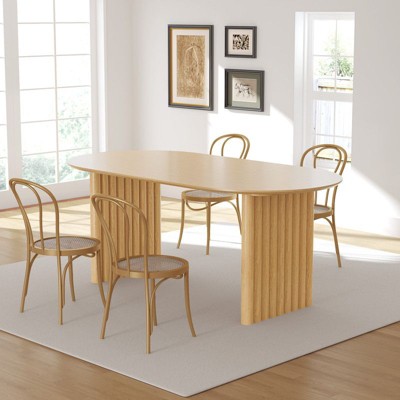 PexFix 67" x 33.5" Dining Table Wood Oval Kitchen Table with Scratch-Resistant Top & Striped Legs Modern Farmhouse for Living Room Kitchen Natural