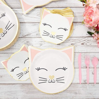 Gold Foil Cat-Shaped White Paper Plates for Birthday Parties