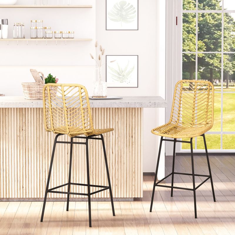 HOMCOM Modern Rattan Bar Stools Set of 2, Breathable Steel-Base Wicker Counter Height Barstools for Kitchen Counter, Yellow, 3 of 7