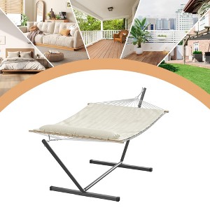 Double Hammock with Stand, 2 Person Cotton Rope Hammock with Pad & Pillow, Heavy Duty 450LB Portable Outdoor Hammock for Backyard Garden - 1 of 4