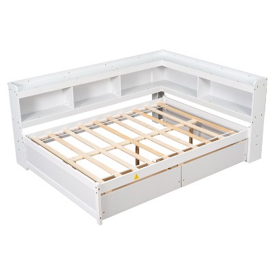 Bellemave Full Size Corner Bed Frame with Storage Drawers,Daybed with L-Shaped Bookcases,Corner Daybed Full Size for Kids Teens Adult,White