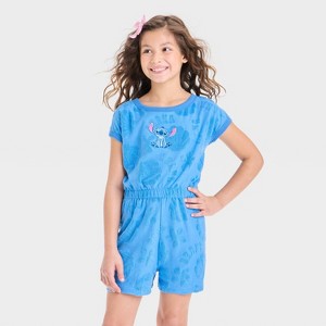Girls' Disney Stitch Embroidered Terry Short Sleeve Romper - Blue - 1 of 4