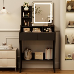 Small Vanity Desk with Mirror and Lights, Makeup Vanity with Drawer & 3 Storage Shelves for Bedroom - 1 of 4