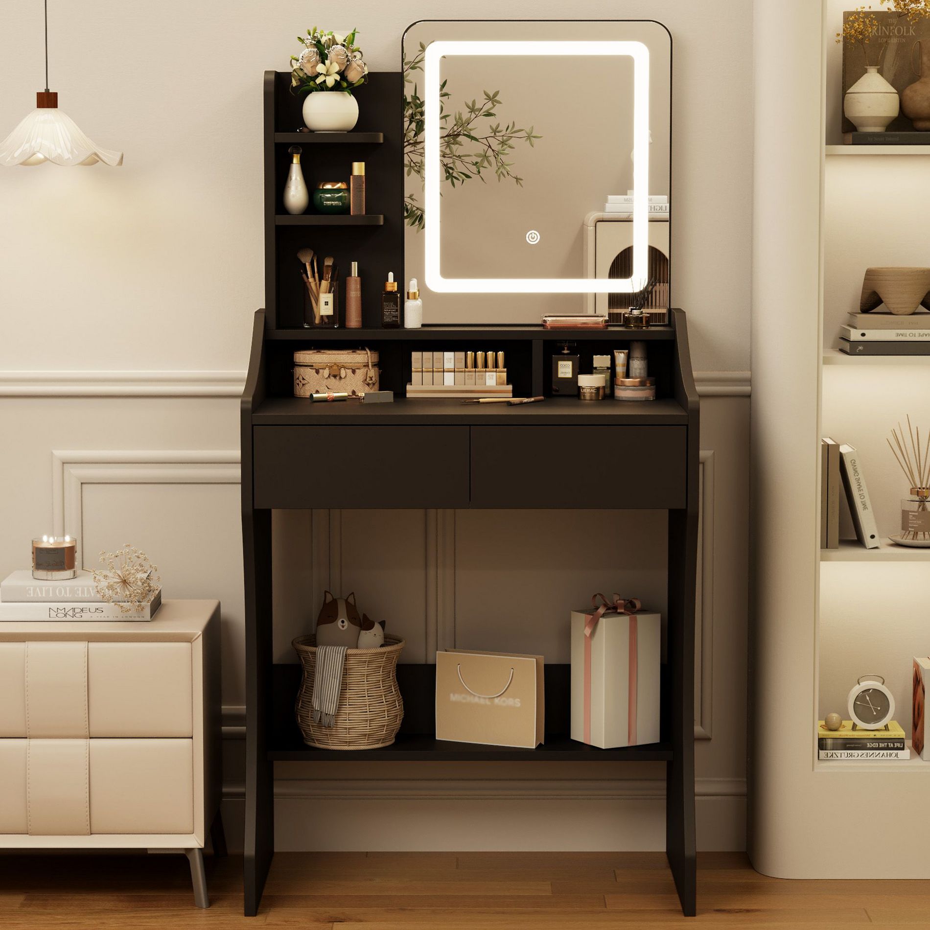 Small Vanity Desk with Mirror and Lights, Makeup Vanity with Drawer & 3 Storage Shelves for Bedroom