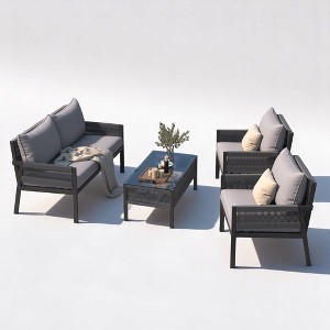 4-Piece Boho Patio Furniture Set with Handmade Rope Weave, Metal Frame, Tempered Glass Table, and Thick Cushions - 1 of 4