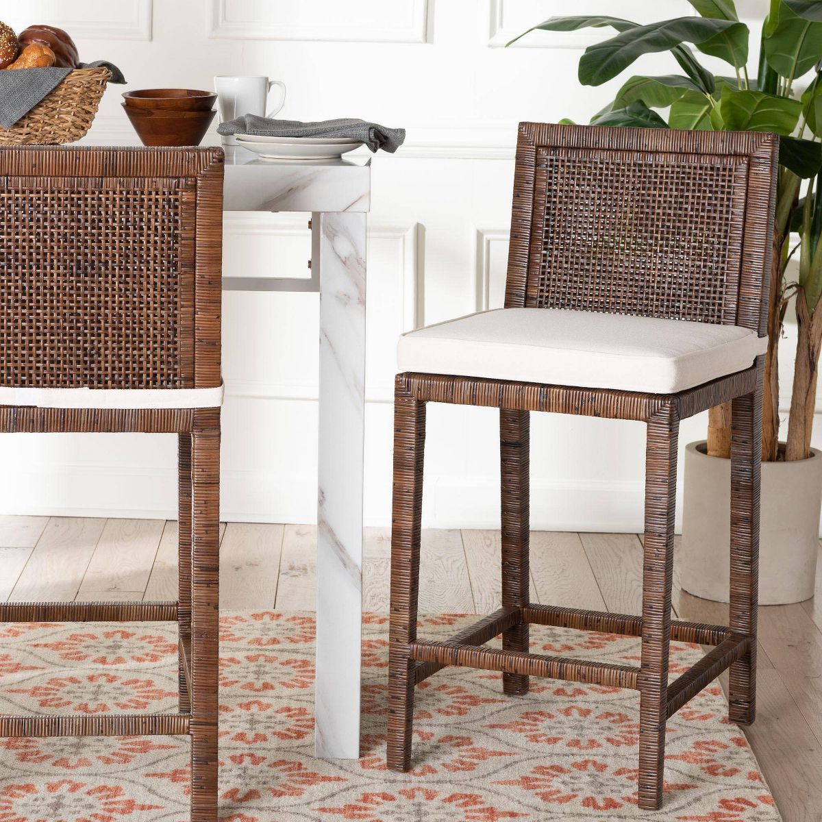 bali & pari Sofia Rattan Counter Stool with Mahogany Wood Frame Counter Height Chair Brown - thumbnail 8
