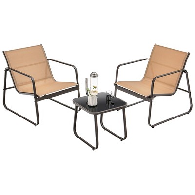 Tangkula 3PCS Conversation Set Outdoor Metal Chair & Table Tempered Glass Top Patio