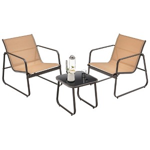 Tangkula 3PCS Conversation Set Outdoor Metal Chair & Table Tempered Glass Top Patio - 1 of 4