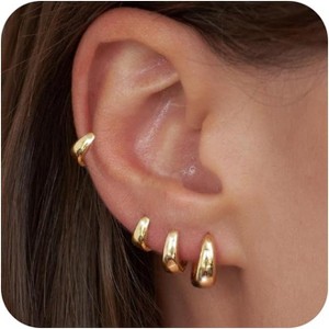 Cartilage Hoop Stack Set - 4 Pairs Gold & Silver Plated Huggie Earrings. - 1 of 4