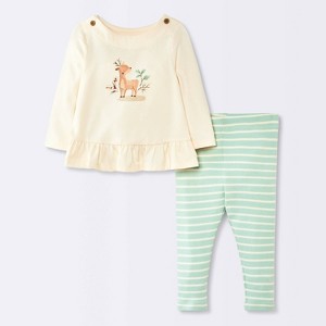 Baby Girls' 2pc Deer Ruffle Long Sleeve T-Shirt and Striped Leggings Set - Cloud Island™ Mint Green/Cream - 1 of 4