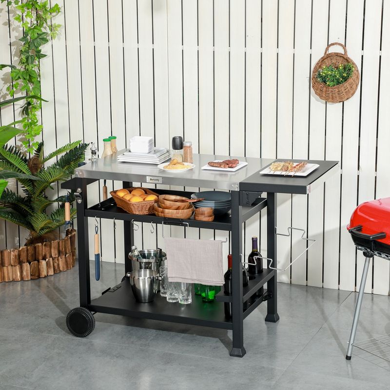 Outsunny Three-Shelf Outdoor Grill Cart with Foldable Side Table, 46" x 21.75" Stainless Steel Pizza Oven Stand, Movable Food Prep Table on Wheels, 2 of 7