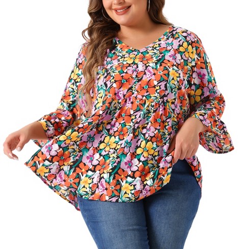 Agnes Orinda Women's Plus Size Floral V Neck Ruffle Sleeve Loose Fit ...