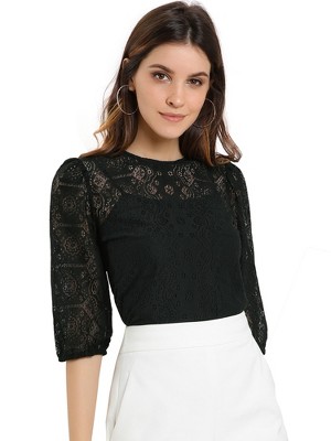 Allegra K Women's Vintage Round Neck Elbow Sleeve Semi Sheer Lace Blouse  Black Medium : Target