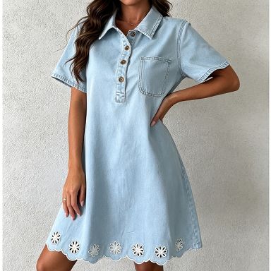 Womens Short Sleeve Chest Pocket Eyelet Floral Scalloped Hem Loose Fit Mini Denim Shirt Dress Light Blue M : Target