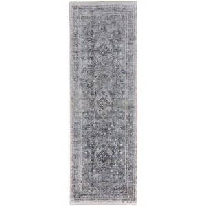 8' Gray and Silver Oriental Power Loom Worn Faded Runner Rug - 1 of 4