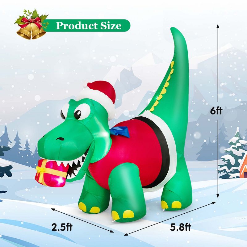 Costway 6FT Inflatable Christmas Dinosaur with LED Lights Gift Box & Blower Party Yard, 3 of 11