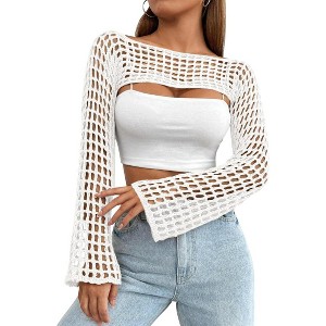 Women's Round Neck Crochet Knit Shrug Stylish Cropped Top Cardigan for Casual Layering - 1 of 3