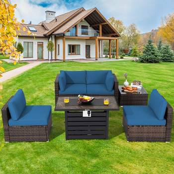 Costway 6PCS Patio Rattan Furniture Set 42'' Fire Pit Table Cover Sofa Cushion Off White/Black/Navy/Red/Turquoise