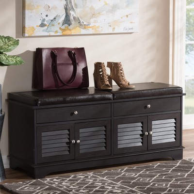Contemporary Dark Brown Wood 2-Drawer Shoe Storage Bench with Faux Leather Cushion