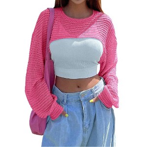 Womens Extra Cropped Pullover Sweater Waffle Knit Sweater Crew Neck Sweater Knit Crochet See Through Knit Top Cover Ups - 1 of 4