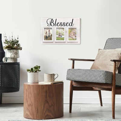 White Wash Wood Triptych Photo Frame with Blessed Typography