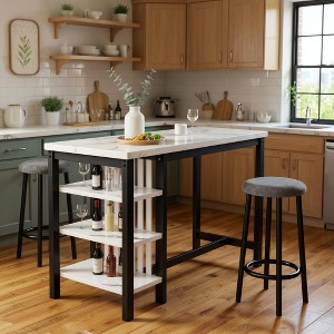 Hooseng 3-Piece Counter Height Bar Table Set with 2 Velvet Upholstered Backless Stools, Pub Table Set of 3 with Storage Shelves and Cushioned Seat - 1 of 4