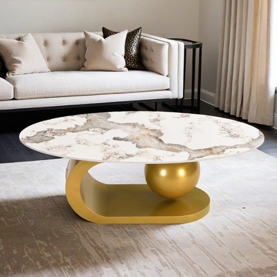Modern Oval Coffee Table for Living Room, Marble Pattern Sintered Stone Coffee Tabletop with Gold Stainless Steel Base in 47.2" - Leovsnove