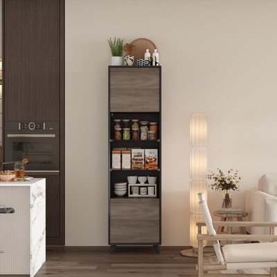 FUFU&GAGA Modern 5-Tier Storage Cabinet with Wood Grain and Black Finish