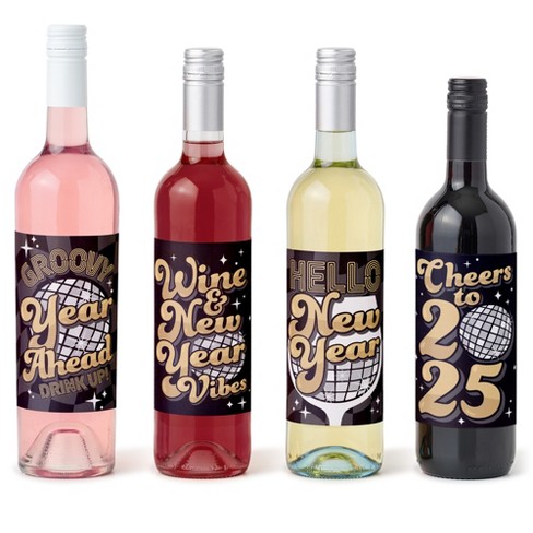 Big Dot of Happiness Disco New Year - Groovy 2025 NYE Party Decorations for Women and Men - Wine Bottle Label Stickers - Set of 4 - image 1 of 4